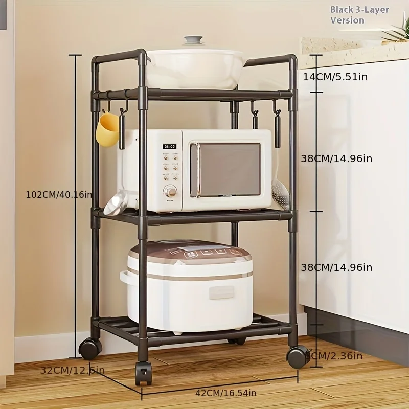 Multi-tiered Metal Storage Rack, Movable Kitchen Island, Wheeled Storage Rack - Convenient Mobile Cart for Kitchens, Laundry Rooms, and Bedrooms; Microwave Oven Rack; Spice Jar Storage; Multi-functional All-in-One Storage Rack.