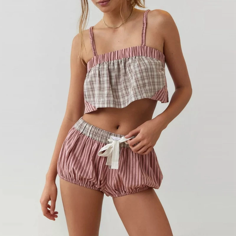 Fairy Cottage Outfits Y2K Sleepwear Women 2000s Retro Kawaii 2 Piece Set Plaid Patchwork Camis Crop Tops + Short Loungwear