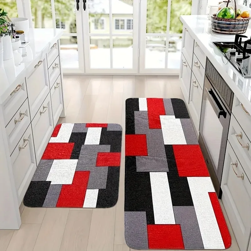 Abstract Red Black Color Block Kitchen Mat Decor Non-Slip Hallway Balcony Laundry Room Rug Bathroom Foot Pad Bedroom Doormat