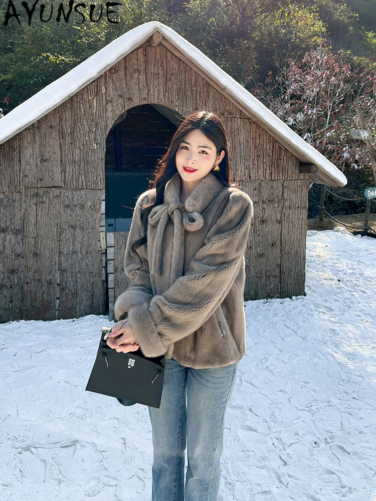 AYUNSUE Bow Natural Velvet Mink Fur Jacket Woman Luxury Whole Mink Winter Jacket for Woman Clothes High Quality Кофта С Мехом