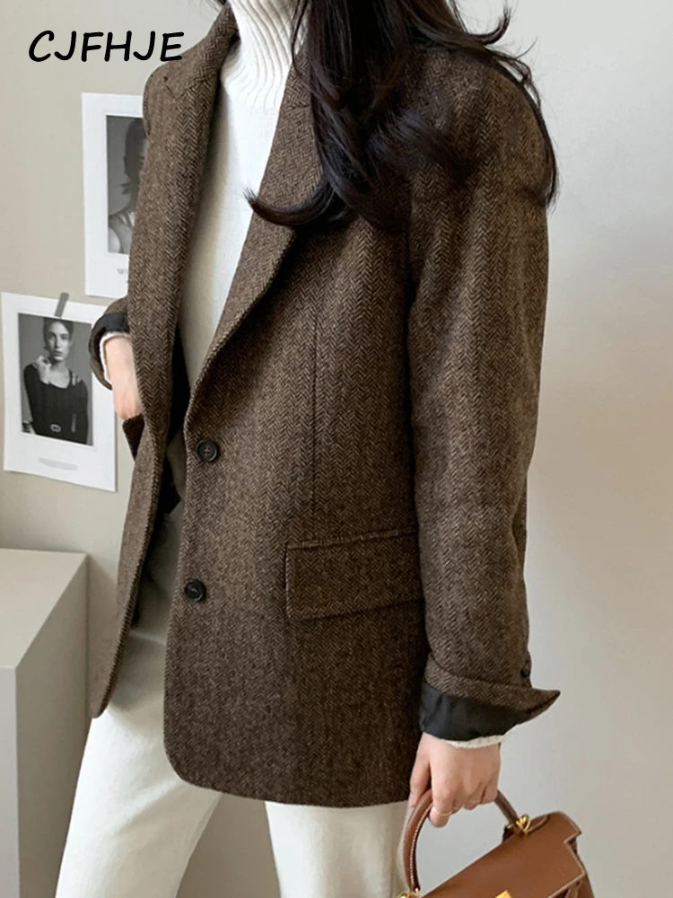 CJFHJE Gray Wool Blazer Women Autumn Winter Single-Breasted Pockets Office Wear Notched Collar Thick Blazers Elegant Lady Jacket