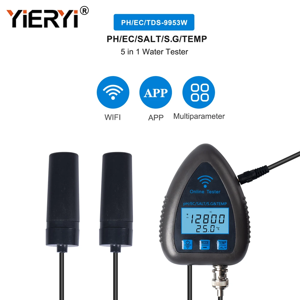 Yieryi Tuya WIFI Smart Salinity Meter 5 in 1 PH EC SALT S.G Temp Water Data Logger Aquarium Pool Hydroponics Tank Monitor Tester