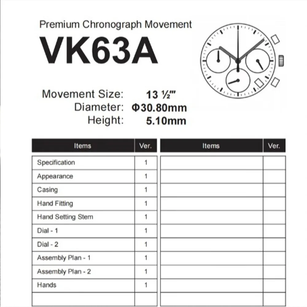 ساعة حركة كوارتز مع باتي لسلسلة VK ، VK63A ، VK63 ، التاريخ عند الساعة 3 ، الكرونوغراف