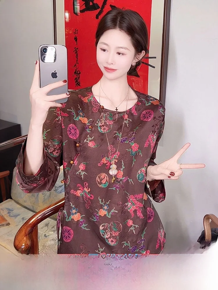 

New Chinese Sle Silk Xiangyun a irt Beautiful Long Sve Casual Straight Cut Flower Pattern Breathable Women's Blouse
