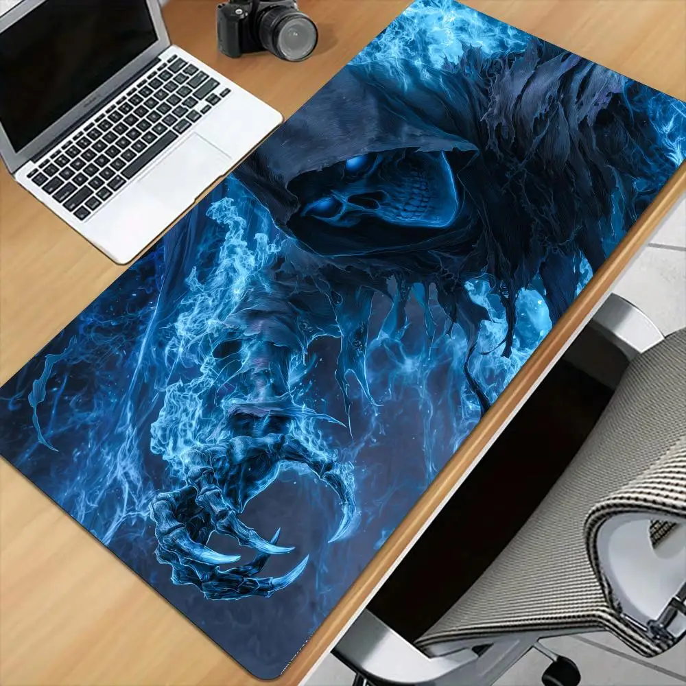 Ghostly Blue Fire and Skeleton Mouse Pad Desk Mat Stitched Edge XXL Mousepads Rubber Anti-slip Gamer Keyboard Rug Gaming Mats