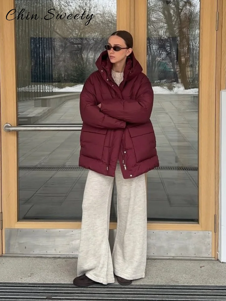 

Warm Women's Drawstring Waist Hooded Cotton Padded Jacket Loose Full Sleeve Zipper Pockets Coat 2025 Autumn Winter Lady Outwear