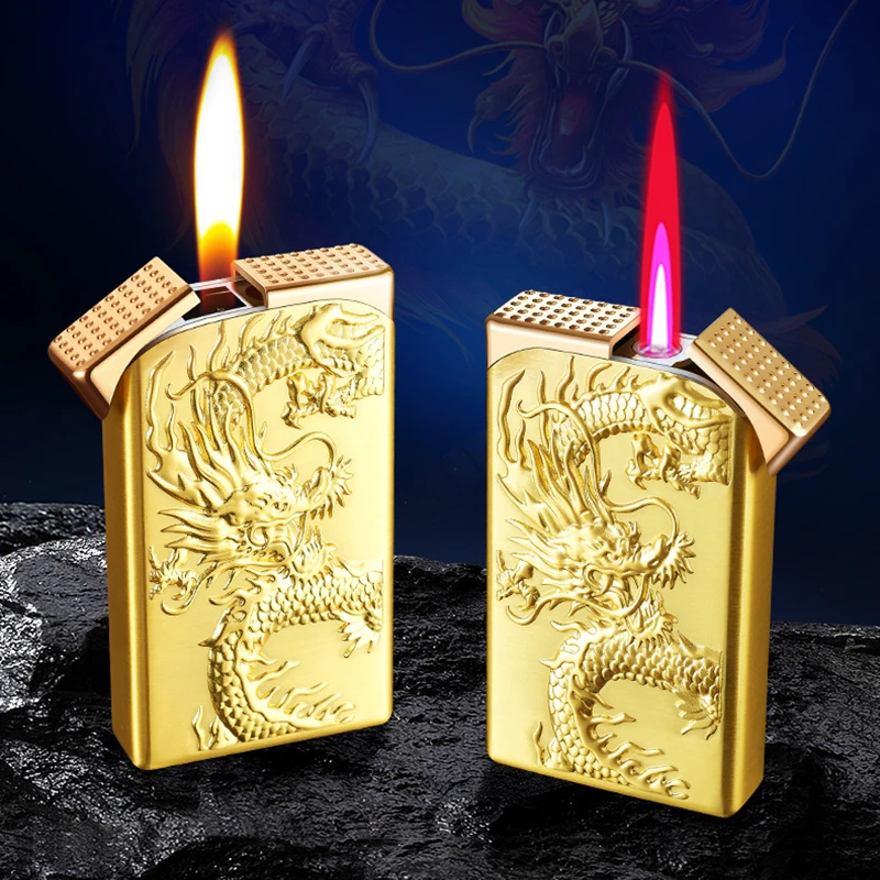 Divine Dragon Relief Double Fire Gas Lighter Personalized Creativity Direct Torch Lighter Cigarette Accessories Men's Small Gift