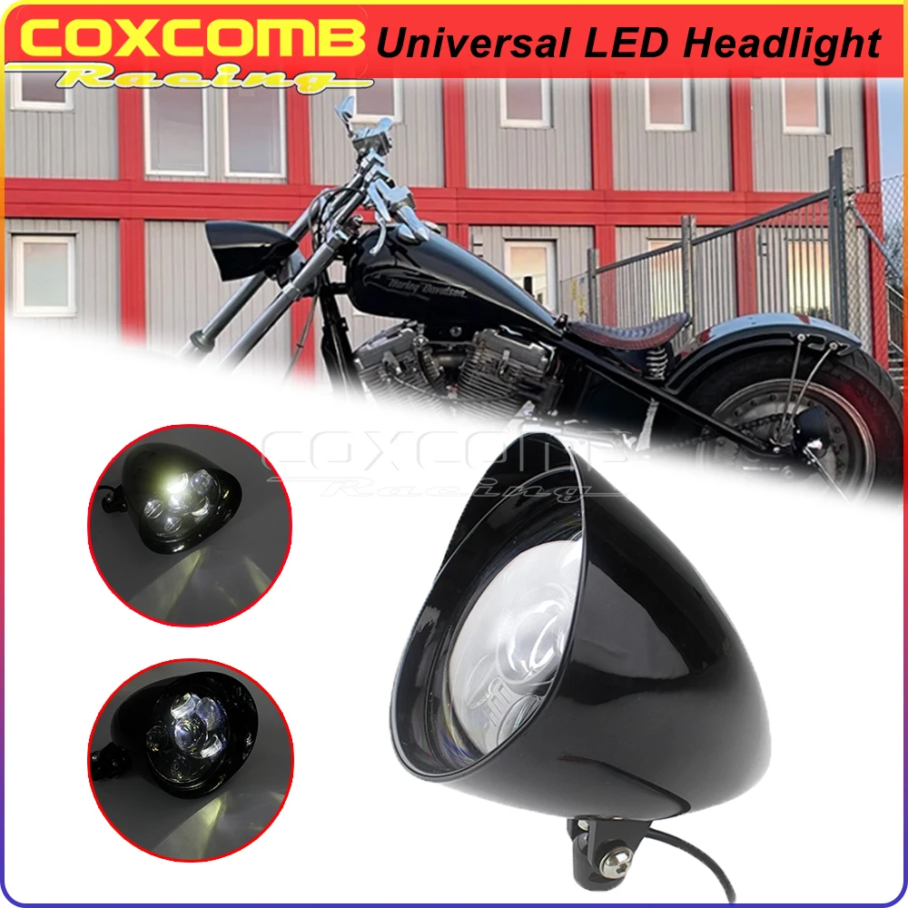 

For Harley Dyna Yamaha Suzuki Kawasaki Honda Chopper Bobber Motorcycle Univeral LED Headlight Black High Low Beam Visor Headlamp