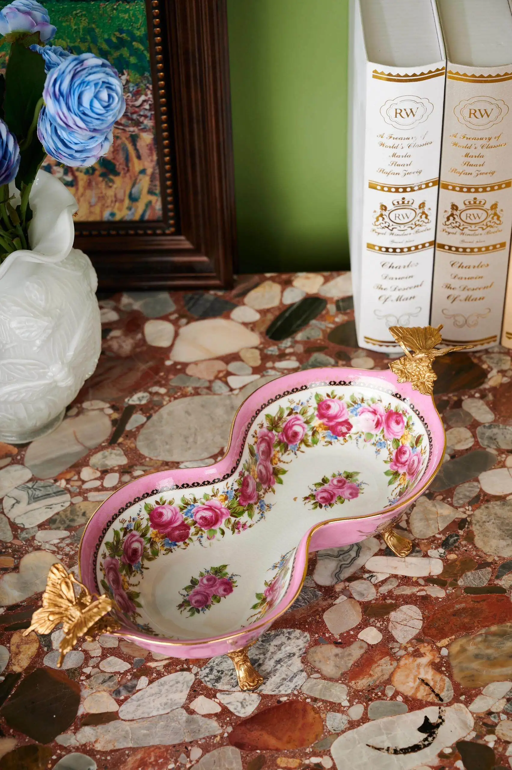 European style brass with porcelain flower butterfly four legged fruit tray, hand-painted high footed peanut shape