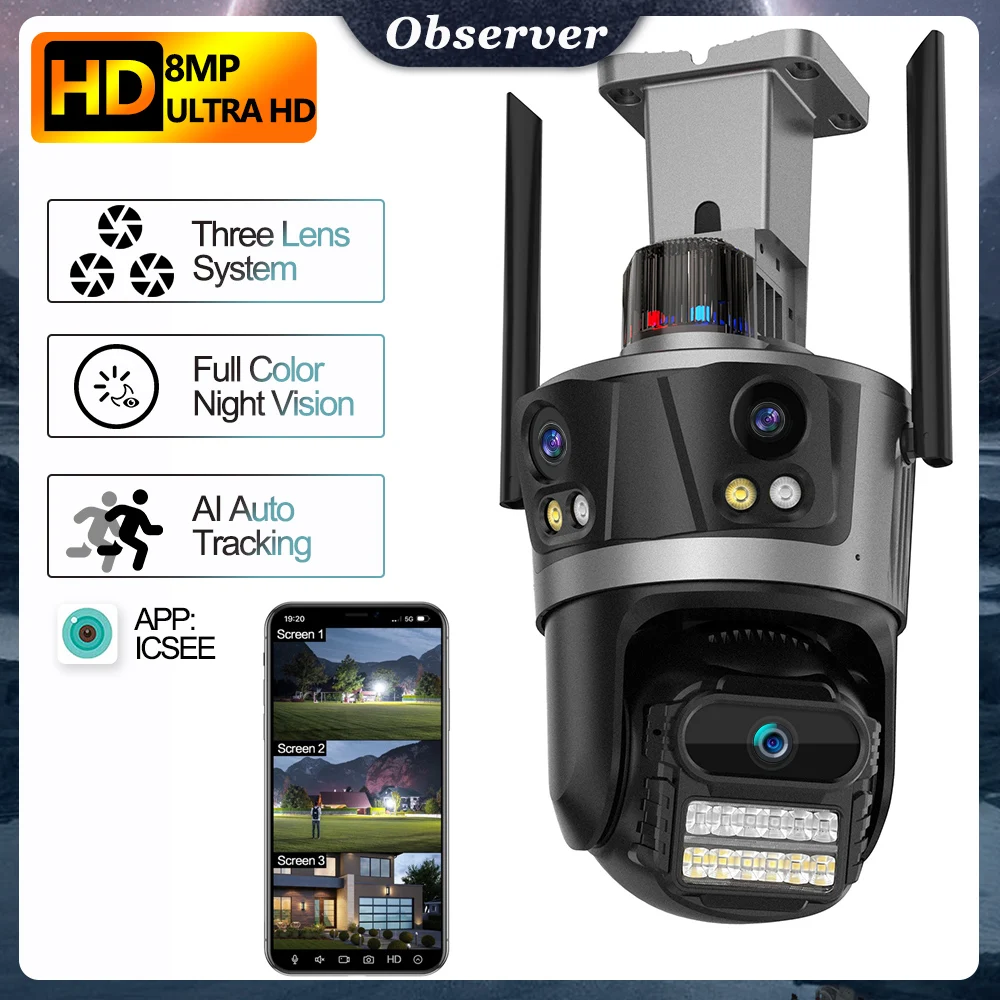 

4K 8MP HD Three Lens Three Screens WiFi Camera Outdoor PTZ Security Cam Ai Auto Tracking CCTV Video Surveillance ICSEE P2P