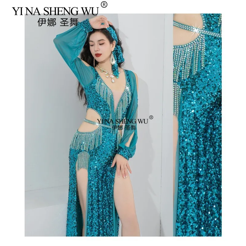 

2025 New Oriental Dance Competition Costume Belly Dance Performance Women's Wear Light Luxury Sequin AB Stone Fringe Dress Adult