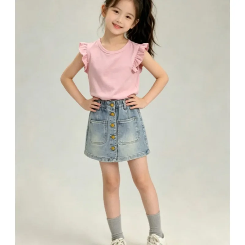 Girls' Lotus Leaf Short Sleeved Denim Short Skirt Pants 2026 Summer Thin Style Girls' Flying Sleeve Vest Top Set