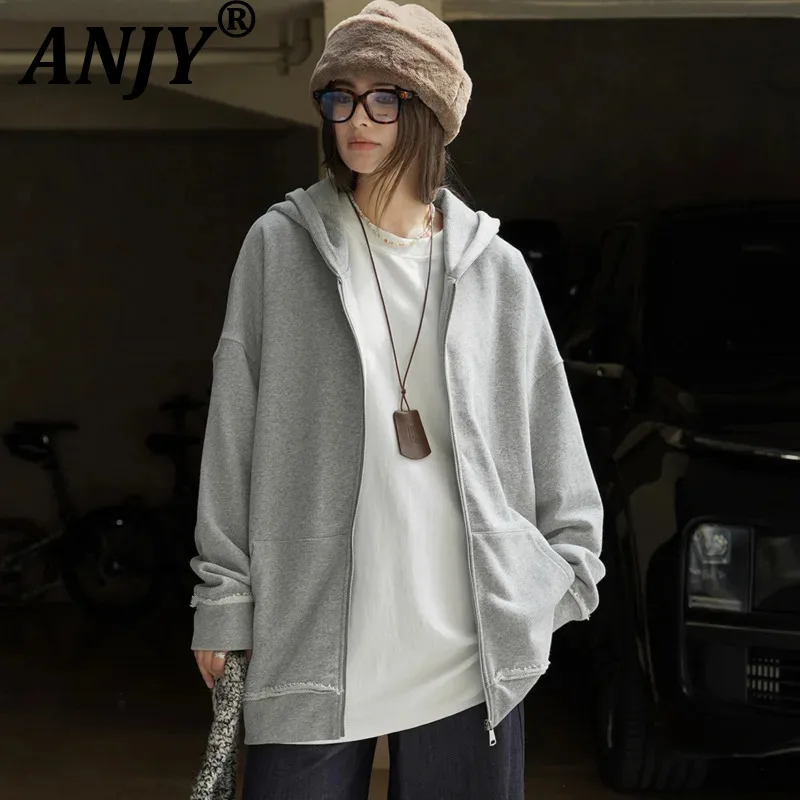 ANJY Women Hooded Sweatshirt Frayed Design Distressed Loose Casual Oversized Pockets Zipper Solid Color Streetwear Coats HK12636
