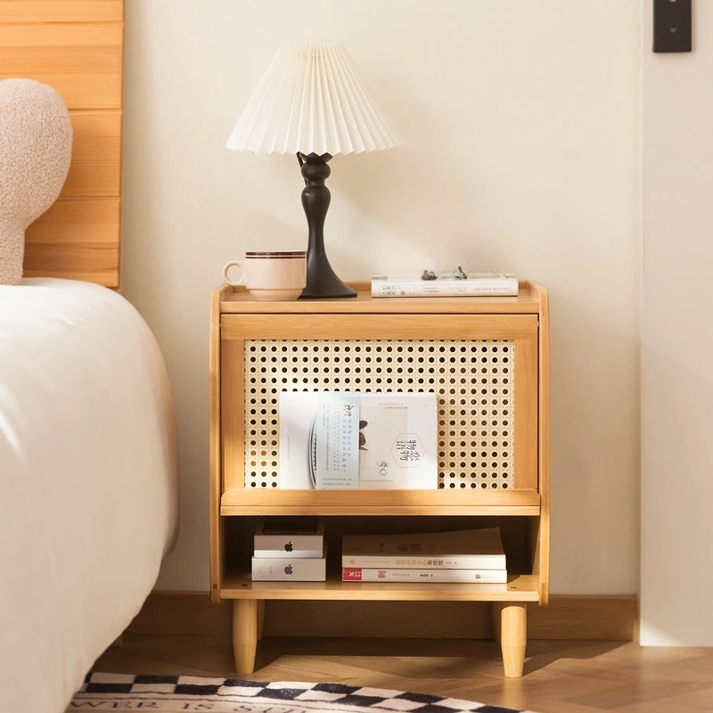 Japanese-style solid wood bedside table Nordic rattan locker simple bedroom bedside drawer storage