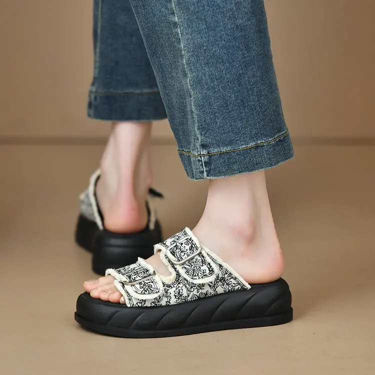 Glitter Slides High-Heeled Shoes Lady Ladies' Slippers Summer Clogs Woman Pantofle Platform Jelly Beach 2025 Flat Cotton Fabric image 6