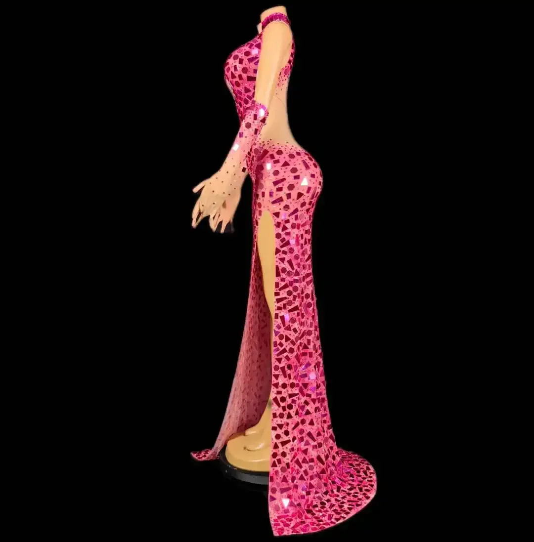 Impresionante vestido de lentejuelas con espejo y diamantes de imitación para mujer, vestido de actuación en escenario de cumpleaños con guantes, disfraz de Drag Queen, fotografía