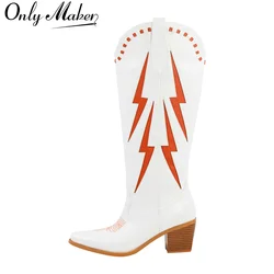 Onlymaker Women White Knee High Boots Western Cowboy Boots Wide Calf Embroidered Pointed Toe Block Heel Pull-On Cowgirl Booties