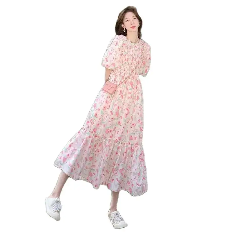 Japanese Style Maternity Holiday Dress Puff Sleeve Summer Pregnant Woman Floral Dress Fashion Printed Long Loose Pregnancy Dress