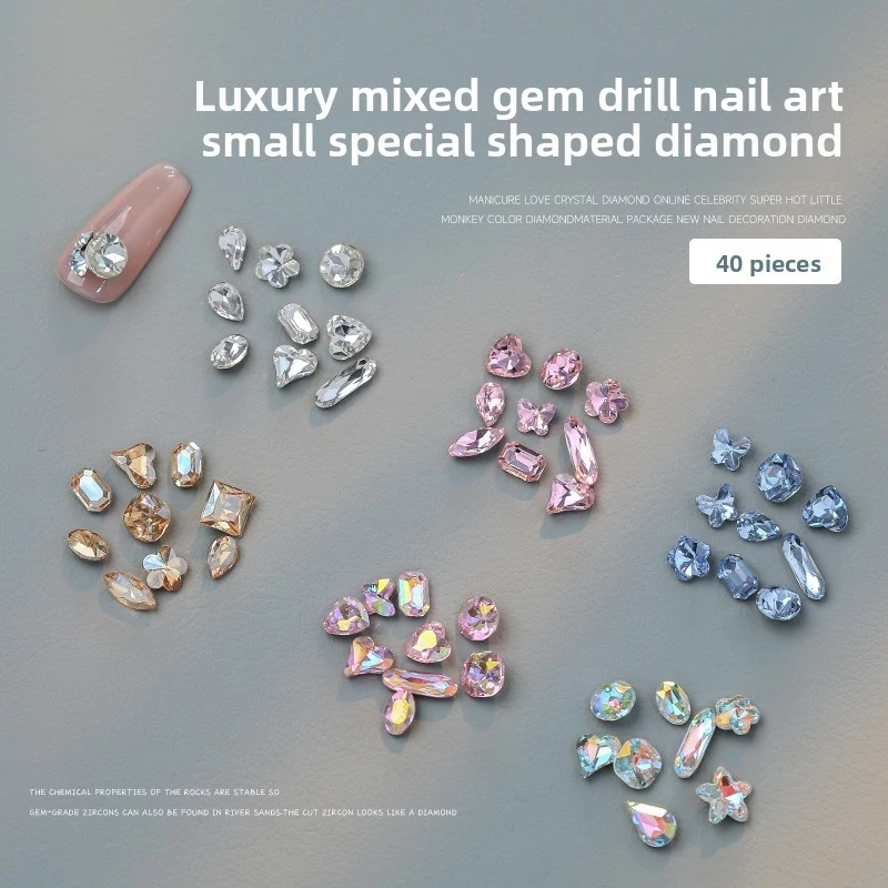 

Mixed Pointed Back Mini Irregular Nail Rhinestones Wholesale Tiny Water Drop Heart Square Clear Stackable Nail Deco Cross Border