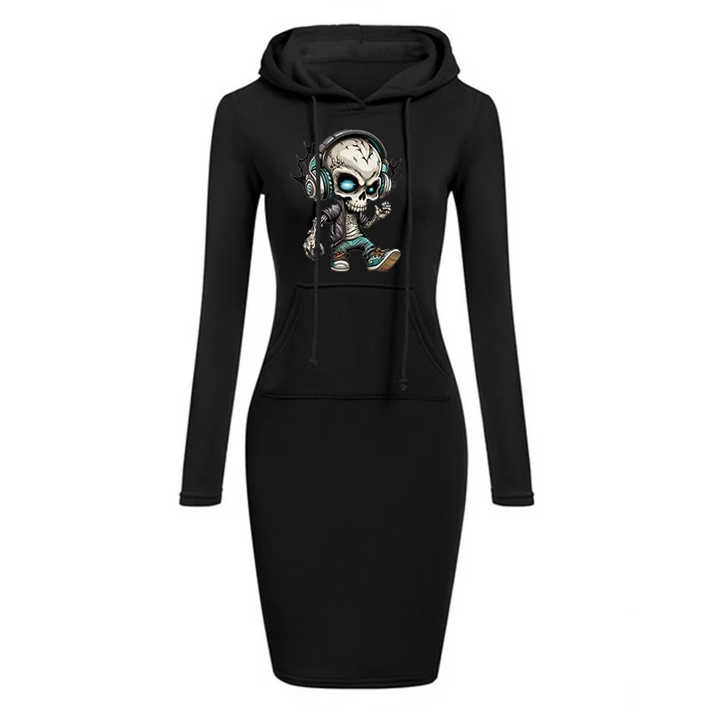 فستان كاجوال بغطاء للرأس بطباعة جمجمة كرتونية إبداعية، فستان هاراجوكو مريح للخريف والشتاء للنساء