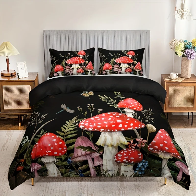 Red Mushroom Print Bedding Queen Set Soft Comfortable Duvet Cover For Bedroom Guest Room (1*Duvet Cover + 2*Pillowcase)