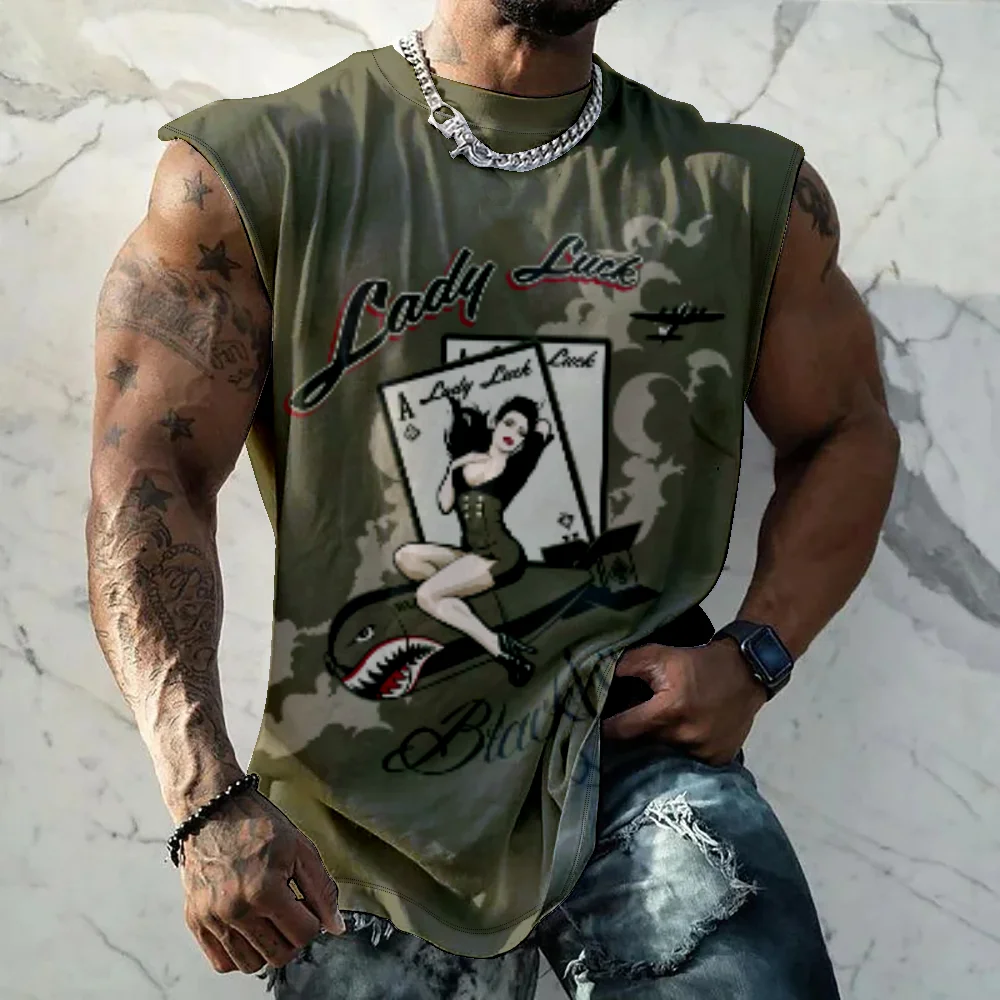 

Lady Print Men's Tank Top Army Green Sleeveless Shirts Summer Comfortable Loose Tees Man Casual Fitness Vest Quick drying