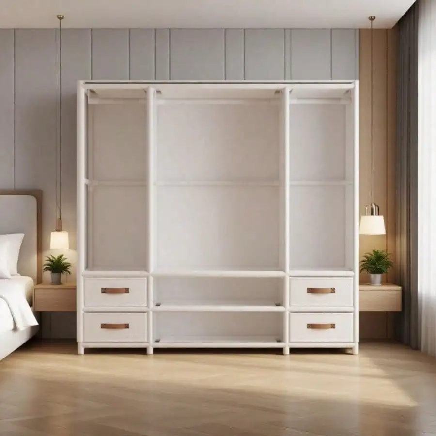 Metal Portable Wardrobe W/ 4 Drawers, 3 Hanging Areas & 3 Shelves, Simple Closet Storage