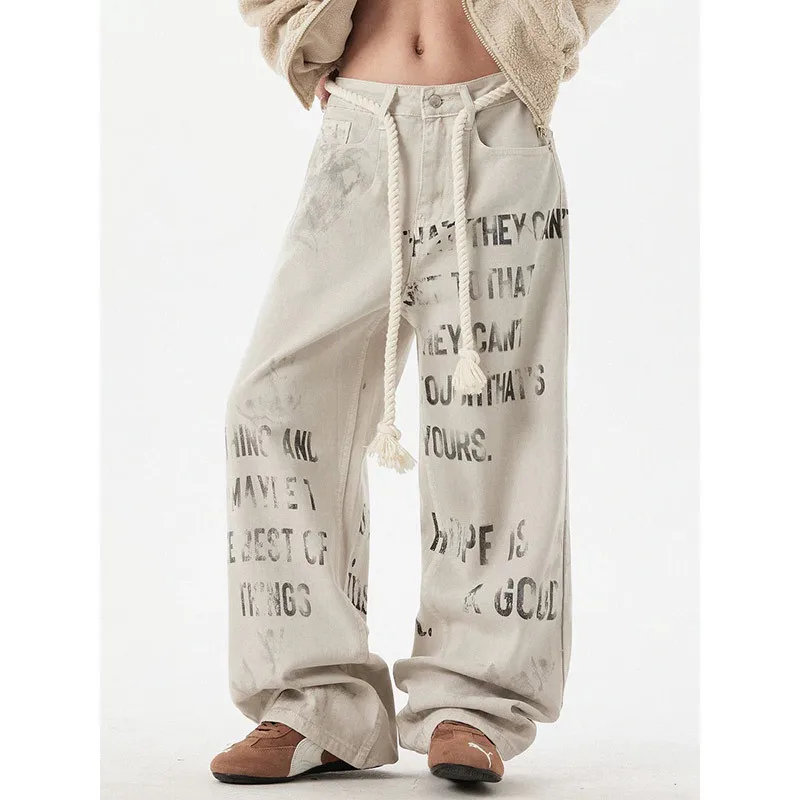 Graffiti Apricot Jeans Women Y2K Vintage High Waisted Jeans Straight Streetwear Loose Large Wide Leg Denim Pants