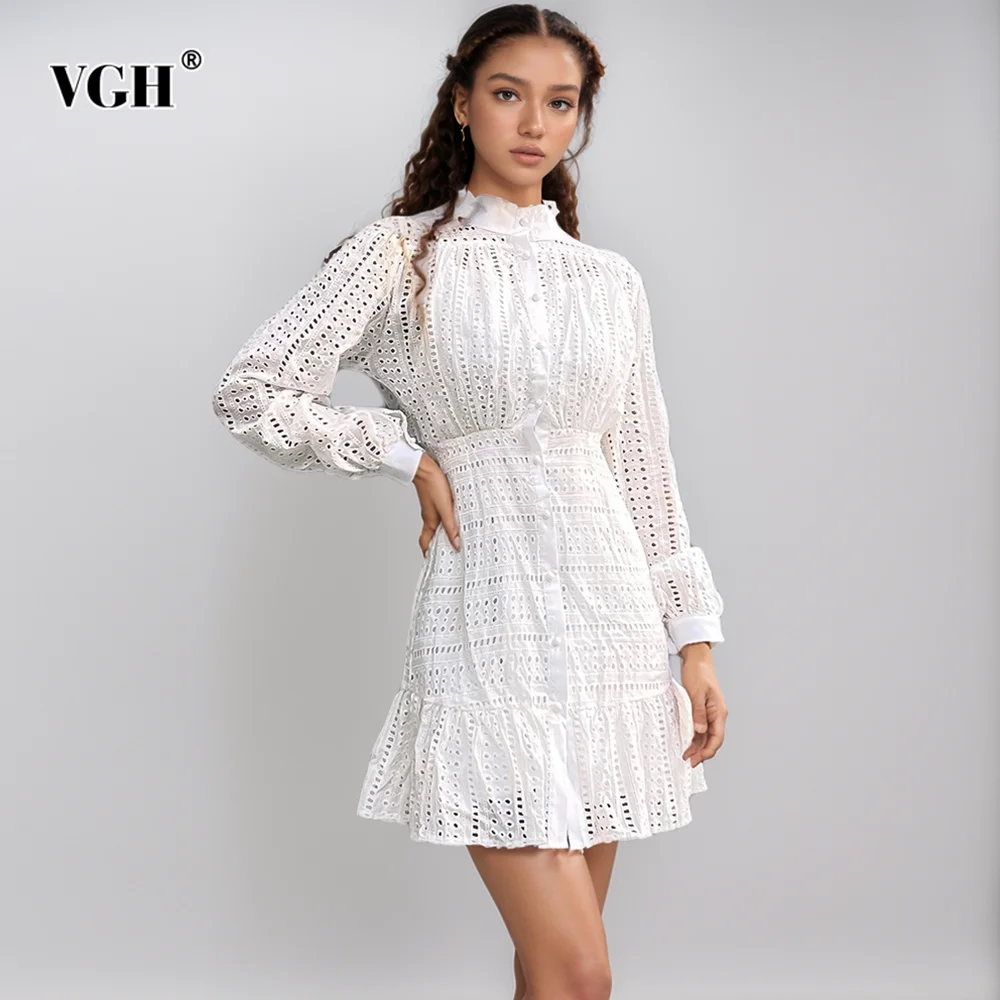 VGH Solid Hollow Out Dresses For Women Stand Collar Lantern Sleeve High Waist Spliced Single Breasted Minimalist Dress Female