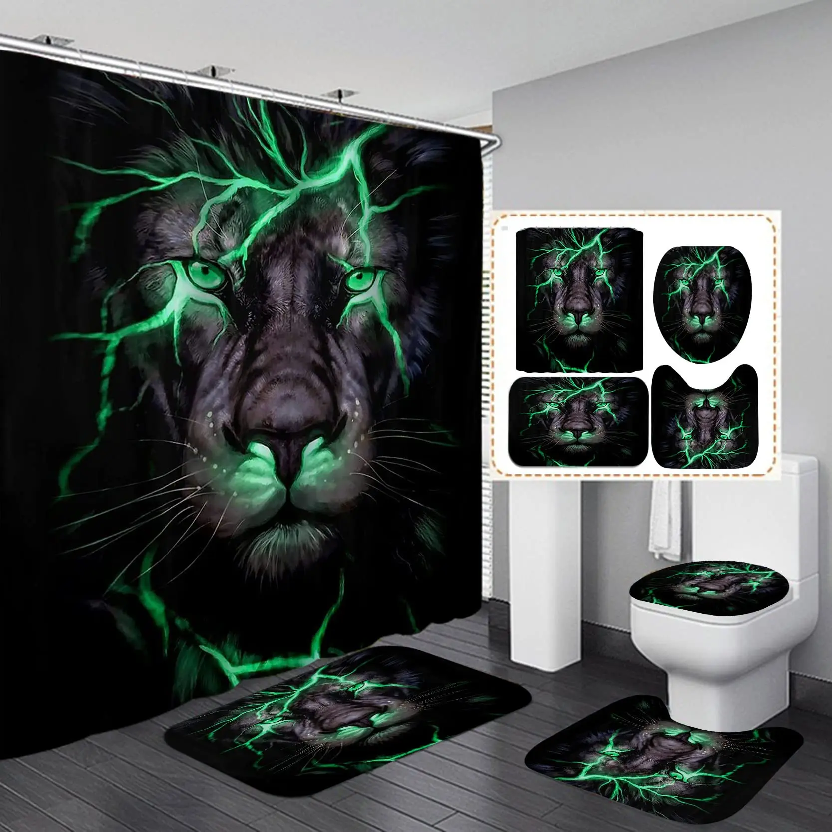 

Black Lion King Shower Curtain Set Green Lightning Scar Magic Glowing Fantasy African Wild Animals Bathroom Decor Set Men Gifts