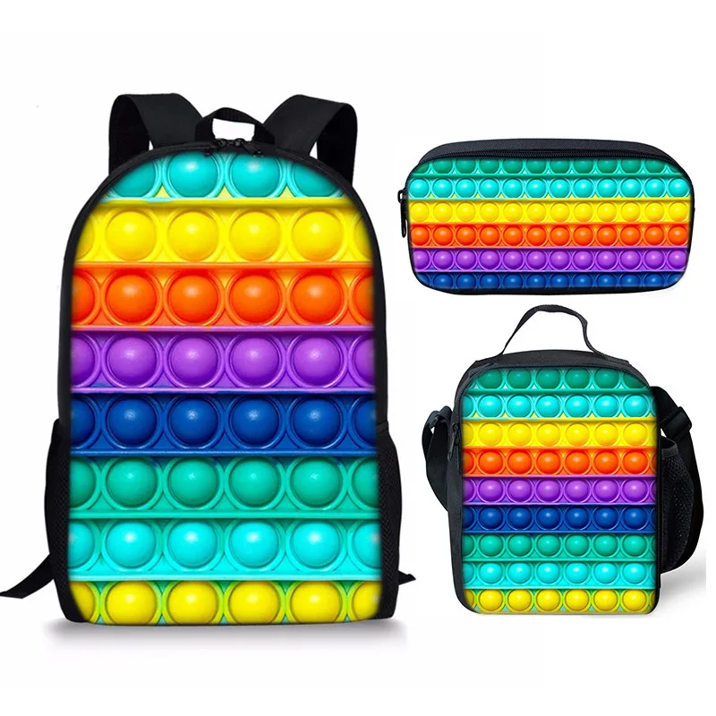 Cartoon Rainbow Colorful Push Bubble 3pcs/Set Backpacks 3D Print School Bookbag Travel Laptop Daypack Lunch Bags Pencil Case