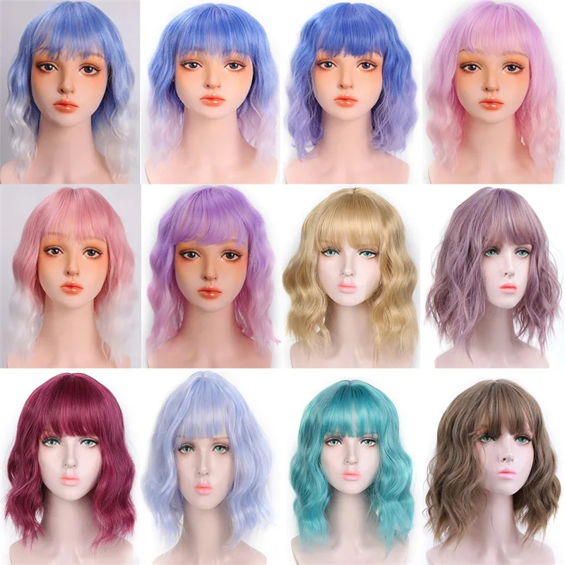 Similler Wig pendek sintetis wanita, dengan poni tahan panas rambut keriting Ombre warna Wig untuk penggunaan sehari-hari biru T Pink