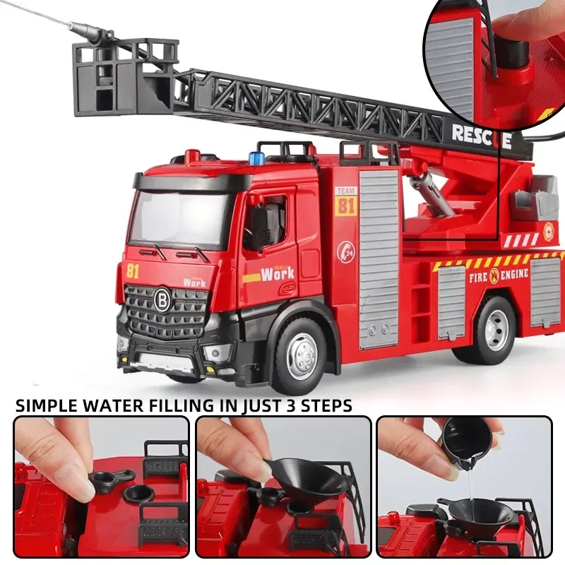 Brinquedo caminhão de bombeiros para menino, modelo de caminhão Metal DieCast Fire, brinquedo pulverizador de água, som e luz simulado, retrátil