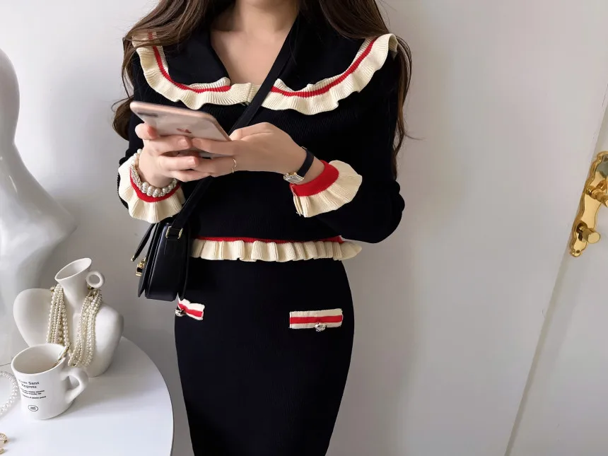 Autumn And Winter Women Ruffles Knitted Peter Pan Collar Short Coats + High Waist Bodycon Skirts Sets Two Pieces Suits Outfits