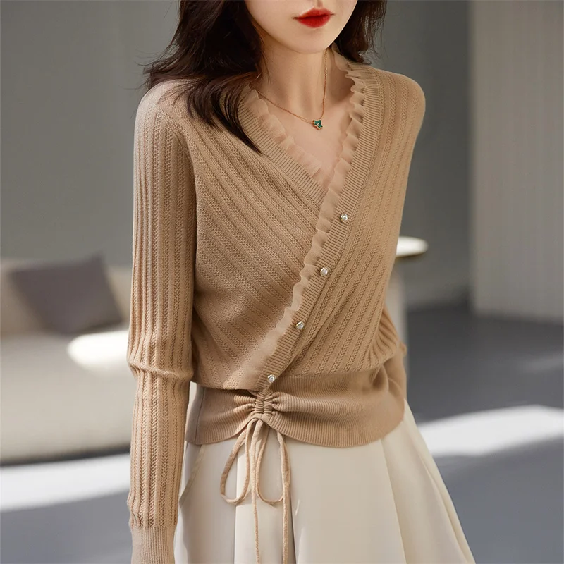 New Ladies\' Fall Winter Knitted Sweater Women Drawstring Knitwear Tees V-neck Pullover Tops Female Casual Commuting Streetwear