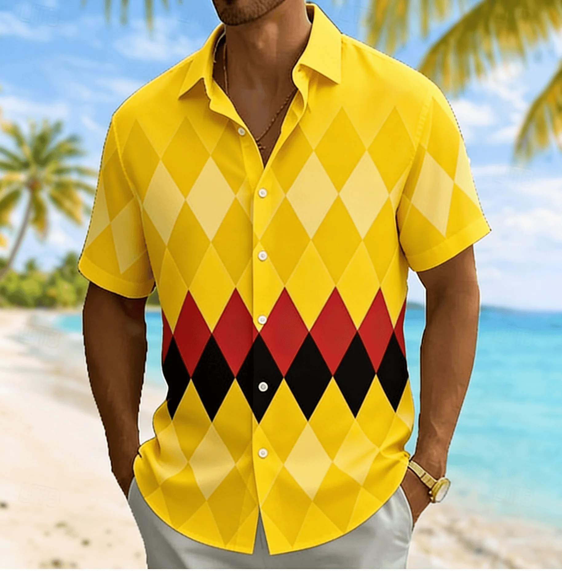 Men's Color Block Argyle Diamond Print Short Sleeve Lapel Shirt Summer Beach Vacation Mens Clothes