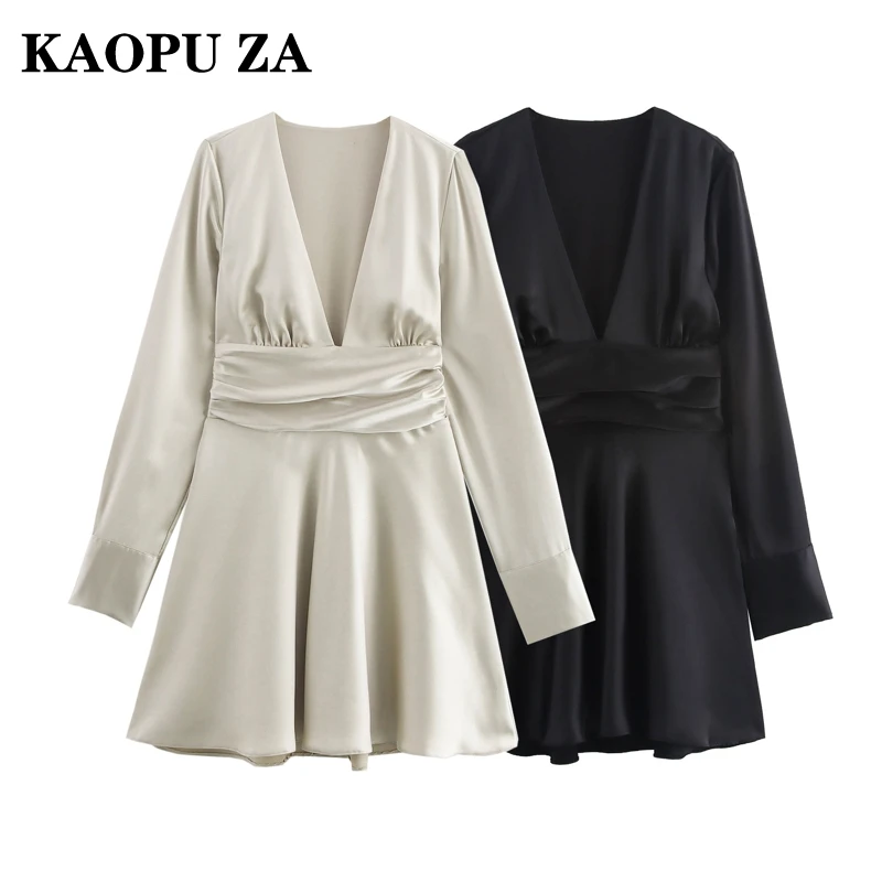 

KAOPU ZA 2024 New Summer Ladies Casual Mini Dress V Neck Satin Silk Texture Short Dress Elegant Evening Fashion