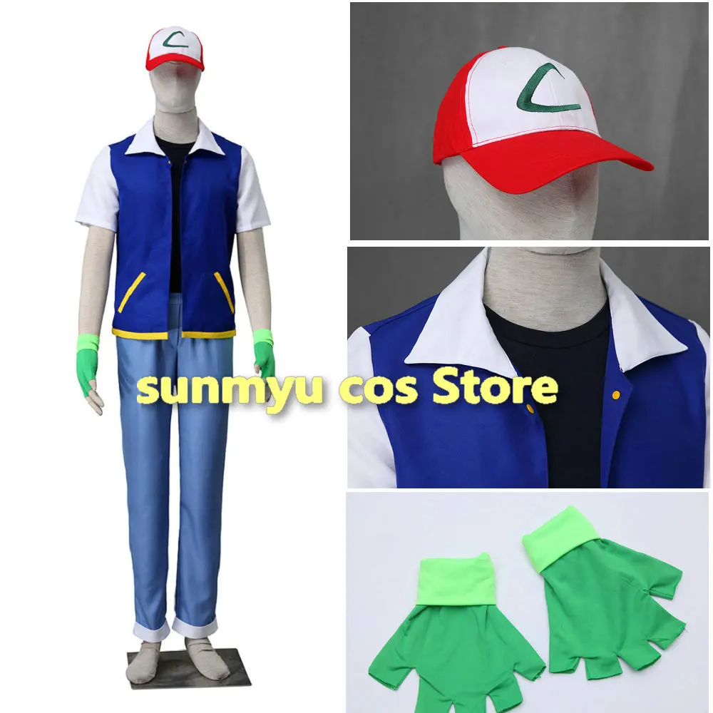 Disfraz de chaqueta azul de Anime para adultos y niños, conjunto de gorro y guantes de entrenamiento para fiesta de Halloween, Ash Ketchum