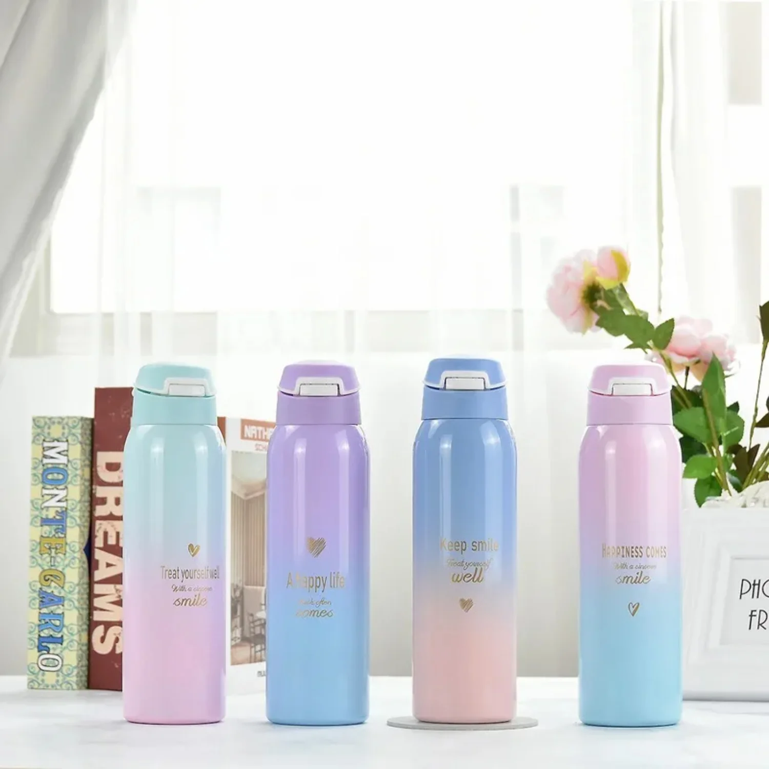 크리 에이 티브 버클 밀짚 보온병 컵 그라디언트 패션 야외 모션 스테인레스 스틸 진공 냉수 컵 병