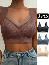 3Pcs Womens Lace Bra Bralette Push Up Perspective Ice Silk Deep V Bra Sexy Lingerie Tops Plus Size Cup Mom's underwear L-5XL