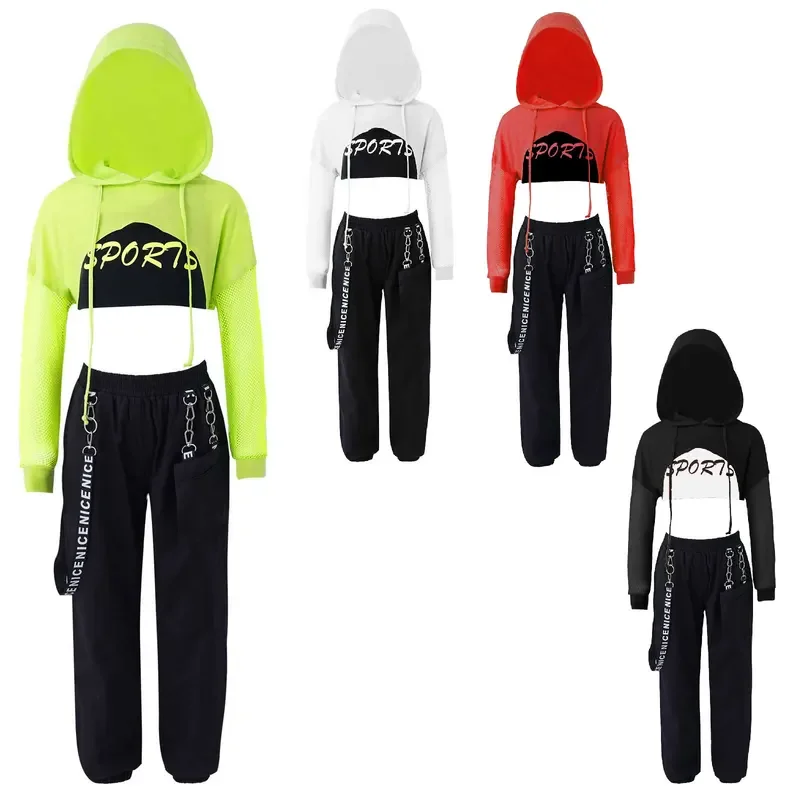 Girls Hip Hop Dance Costume Kids Hooded Cover Up Crop Tops Sports Bra Vest and Jogger Pants Suit Jazz Modern Street Dance Wear