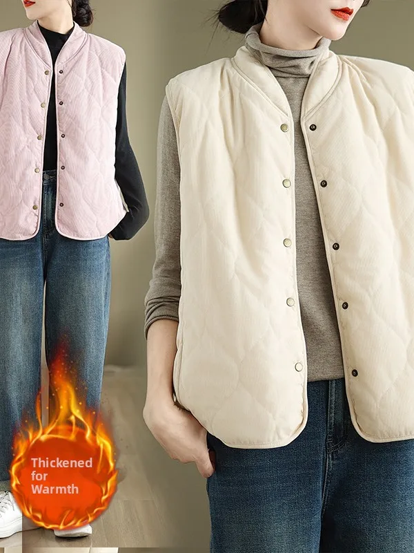

Women's Fce Lined Warm Vest Large Size Single Button Autumn Winter 2025 New Sle Thiened Cotton Color Jaet