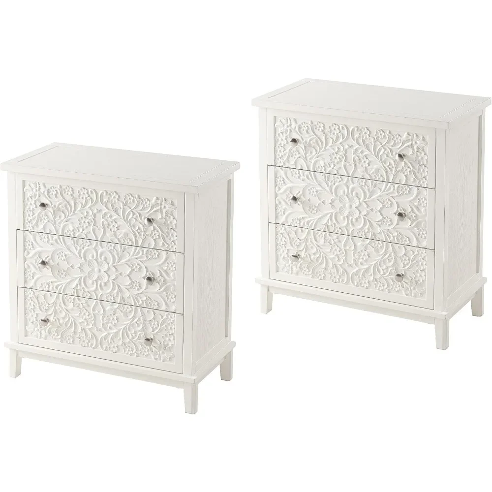 3-Drawer Fully-Assembled Flower Motif Dresser, Nightstand for French Country, Farmhouse, Modern, Rustic Style, Distress