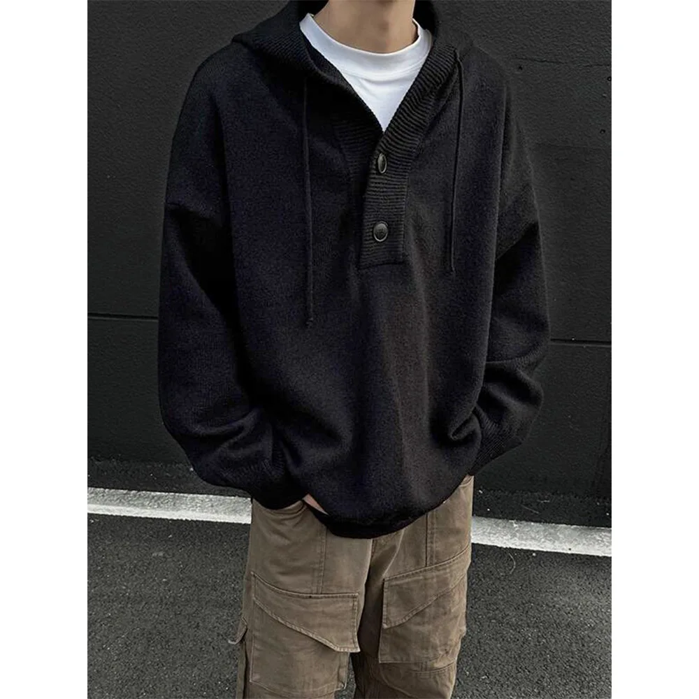 

Мужская толстовка с капюшоном, вязаный свитер, свободный ленивый стиль, половина пуговицы, осень-зима, модная, дышащая, машинная стирка, высокая эластичность