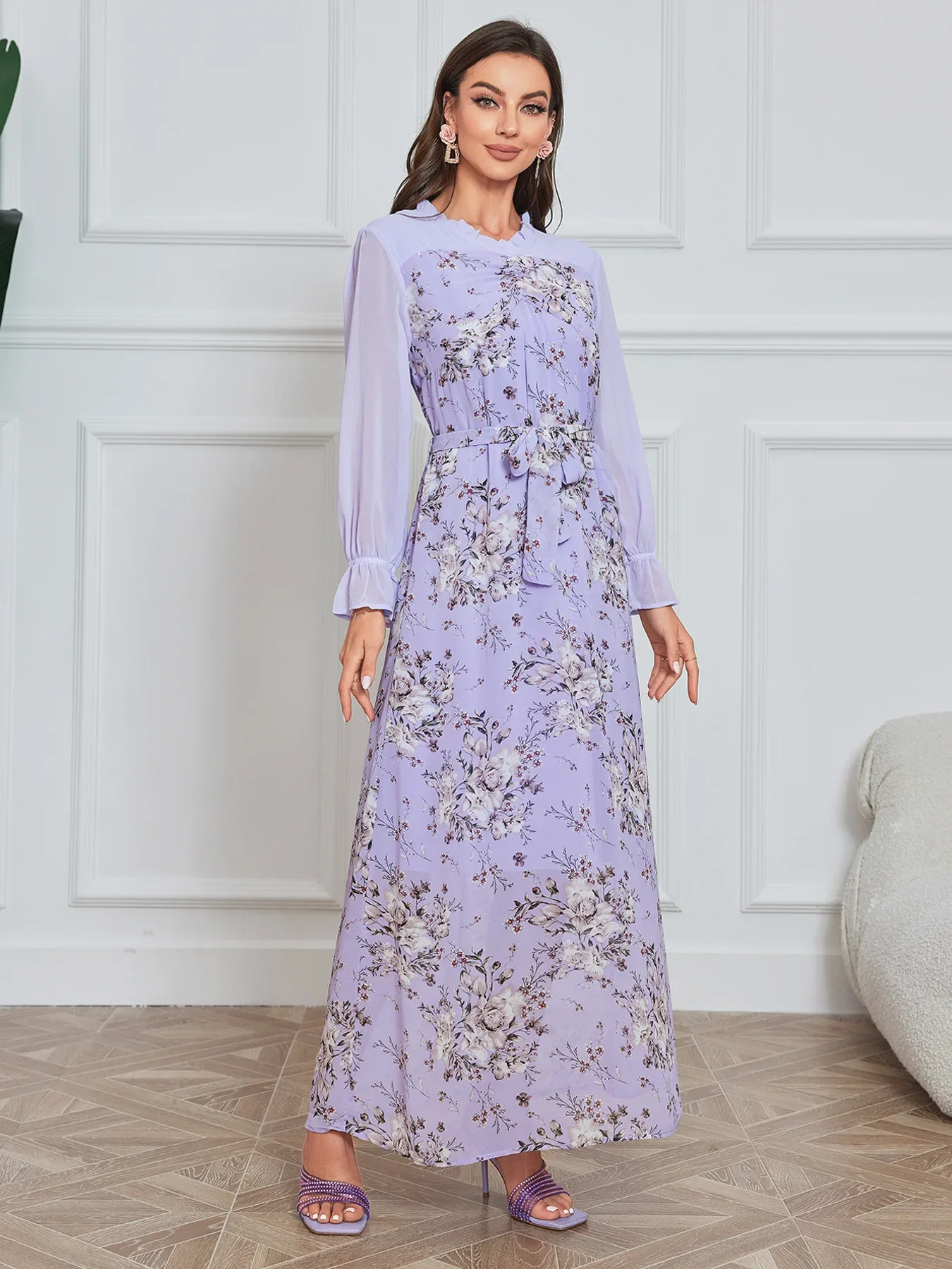 

Maxi Dress Women Floral Printed Belt Elegant Abaya Eid Muslim Female Dubai Kaftan Long Dresses Jalabiya Ramadan Abayas Caftan