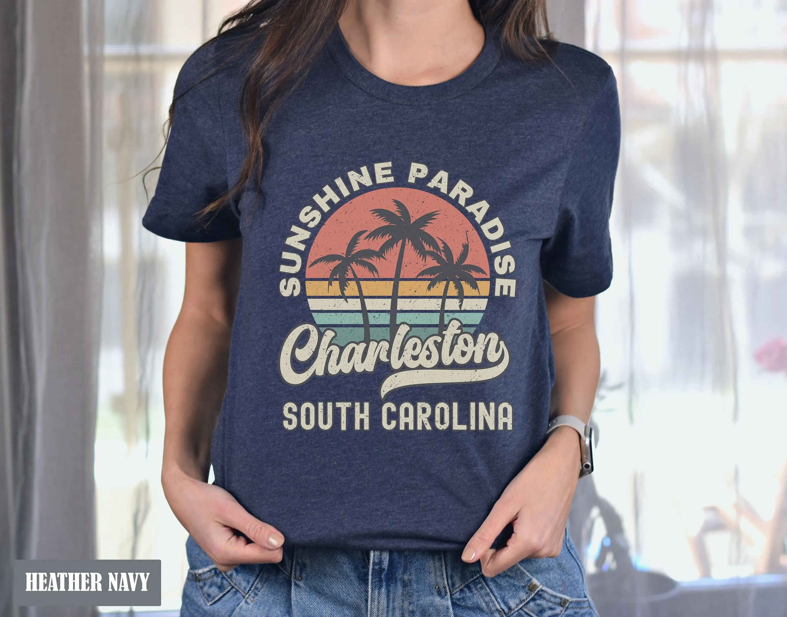 Charleston T Shirt South Carolina Souvenir Palm Tree Retro Sunset Matching Family Group Travel