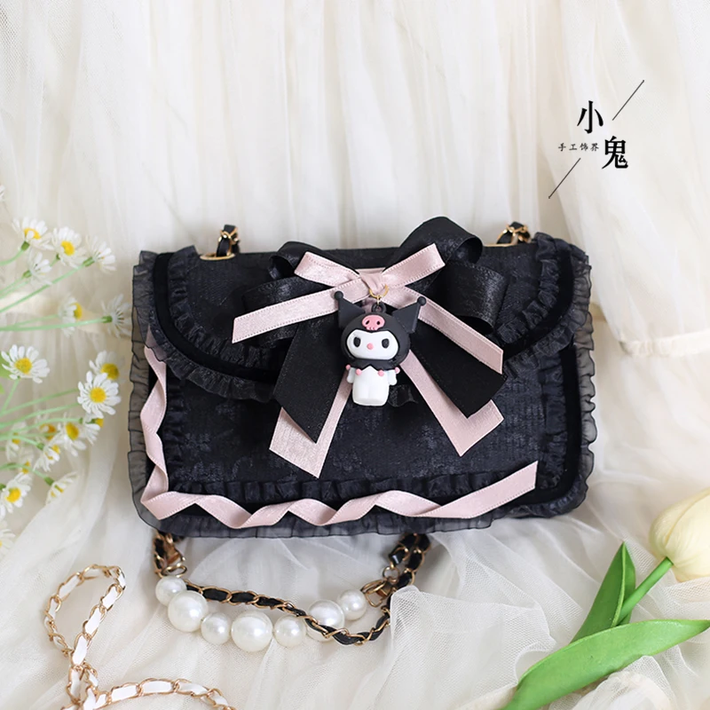 

Haajuku Japanese Soft Girl Jk Uniform Bag Cute Lolita Bag Lace Original Handmade Pearl Chain Girls Birthday Gift Sweet Girl