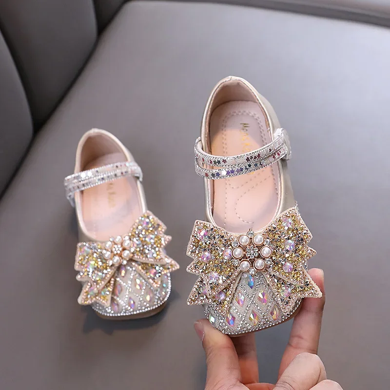 Spring Autumn Girl Princess Shoes Rhinestone Bowtie Kids Leather Shoe Fashion Causal Sequins Children Causal Wedding Flat Shoes
