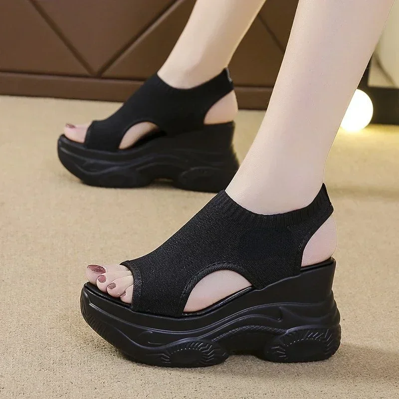 Women's Sandals 2024 Summer Wedge Heel Elastic Cloth Cover Foot Ladies Sandals Thick-soled Fashion Trifle Elevation Casual Shoes