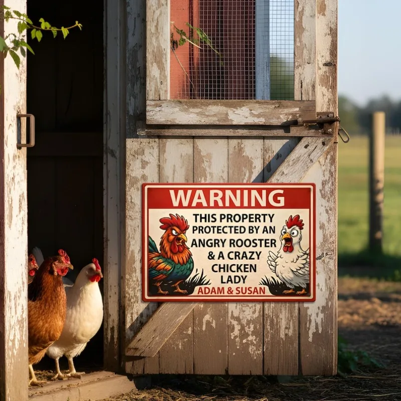 Divertente Letrero de Metal Personalizado para Jardín con Diseño de Gallo Enojado y Gallina, Señal de Advertencia para Gallinero
